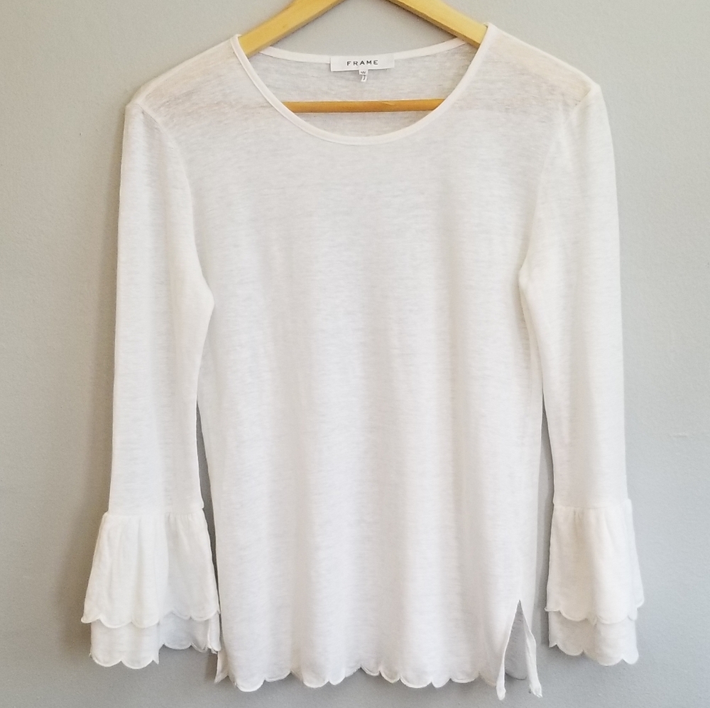 FRAME white linen ruffle long sleeve top